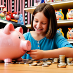 **

A parent giving a child a piggy bank. The child is smiling and putting coins inside. The background shows a toy shop with desirable toys displayed. This illustrates teaching kids the importance of saving and delayed gratification.

**