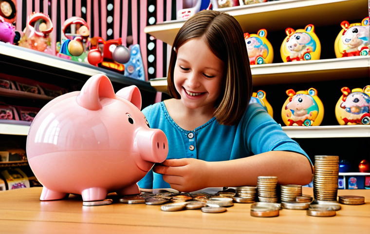 **
A parent giving a child a piggy bank. The child is smiling and putting coins inside. The background shows a toy shop with desirable toys displayed. This illustrates teaching kids the importance of saving and delayed gratification.
**