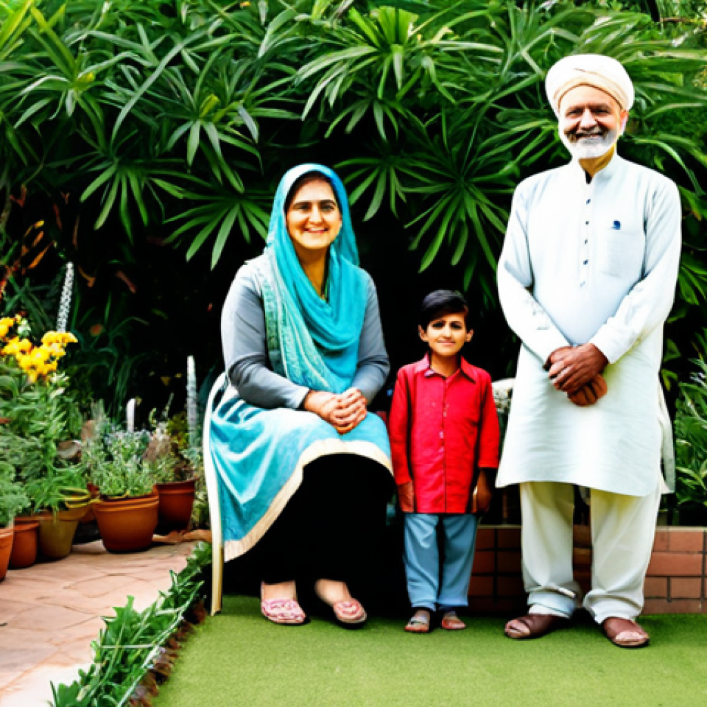 **

"A multigenerational family – grandparents, parents, and children – working together in their home garden, fully clothed in traditional Pakistani clothing, safe for work, appropriate content, family-friendly, professional photograph, perfect anatomy, natural proportions, soft natural lighting, warm colors, smiling faces, healthy plants."

**