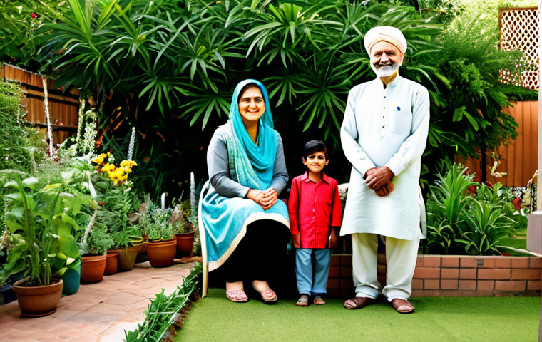 **

"A multigenerational family – grandparents, parents, and children – working together in their home garden, fully clothed in traditional Pakistani clothing, safe for work, appropriate content, family-friendly, professional photograph, perfect anatomy, natural proportions, soft natural lighting, warm colors, smiling faces, healthy plants."

**