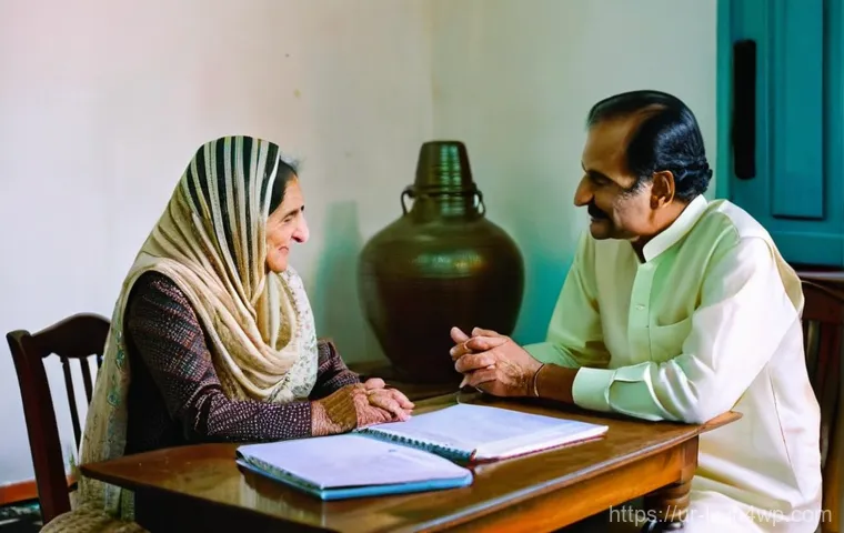 부모의 자산 포트폴리오 분석하기 - **Prompt:** A heartwarming scene inside a well-lit Pakistani home. An elderly couple, dressed in mod...