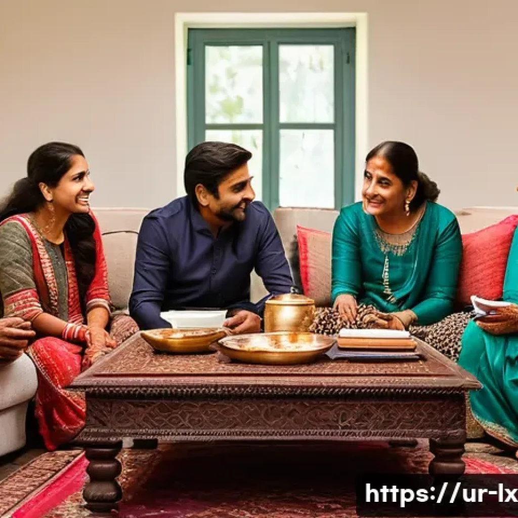 가족 간 자산 관리 대화법 - **Family Financial Chat in a Cozy Evening**
    A wide shot of a multi-generational Pakistani family...