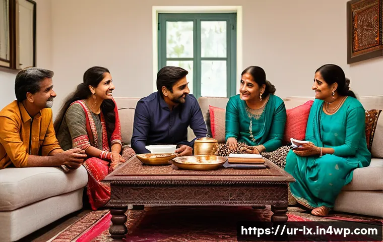가족 간 자산 관리 대화법 - **Family Financial Chat in a Cozy Evening**
    A wide shot of a multi-generational Pakistani family...