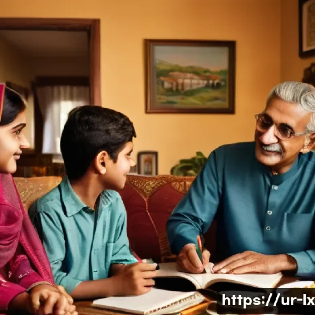 부모와 재정적 목표에 대해 논의하는 법 - **Prompt:** "A multigenerational Pakistani family, consisting of a young adult, their parents, and a...