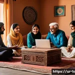 부모와 대화할 때 고려해야 할 재정적 요소 - A warm and inviting family living room scene in a modern Pakistani home, showing three generations o...