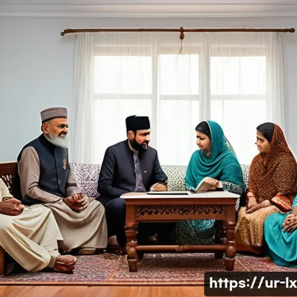세대간 재정 대화의 문화적 요소 - A warm, detailed family scene set in a traditional Pakistani living room, showing three generations—...