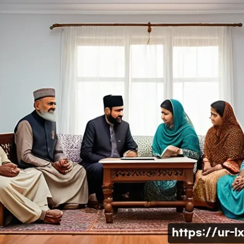세대간 재정 대화의 문화적 요소 - A warm, detailed family scene set in a traditional Pakistani living room, showing three generations—...