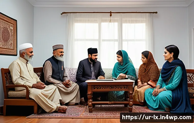세대간 재정 대화의 문화적 요소 - A warm, detailed family scene set in a traditional Pakistani living room, showing three generations—...