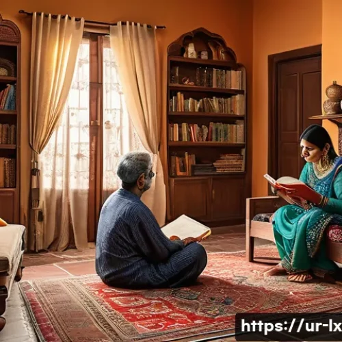부모에게 재정적 지혜를 묻는 법 - A warm, inviting family living room scene in a traditional Pakistani home, featuring three generatio...