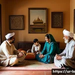 Home 22 세대간 부 대화의 성공 사례 - A warm, intimate family gathering in a traditional South Asian home, featuring multiple generations—...