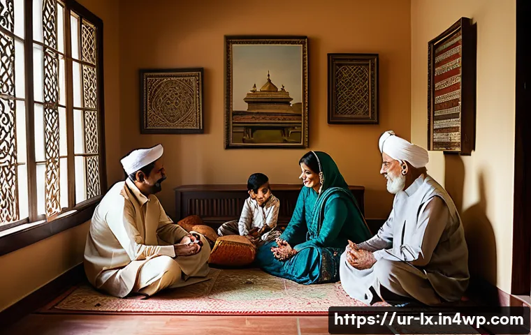 세대간 부 대화의 성공 사례 - A warm, intimate family gathering in a traditional South Asian home, featuring multiple generations—...