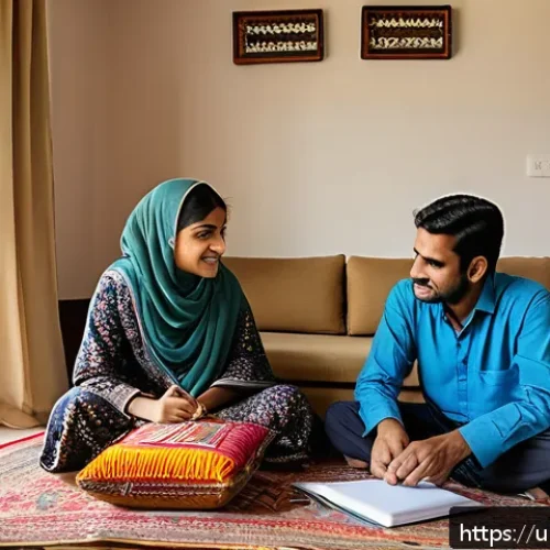 Home 33 부모와 자녀 간 재정 대화 시작하기 - A warm, inviting living room scene in a typical Pakistani household where a father and his two child...