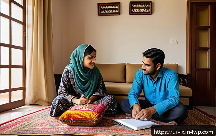 부모와 자녀 간 재정 대화 시작하기 - A warm, inviting living room scene in a typical Pakistani household where a father and his two child...