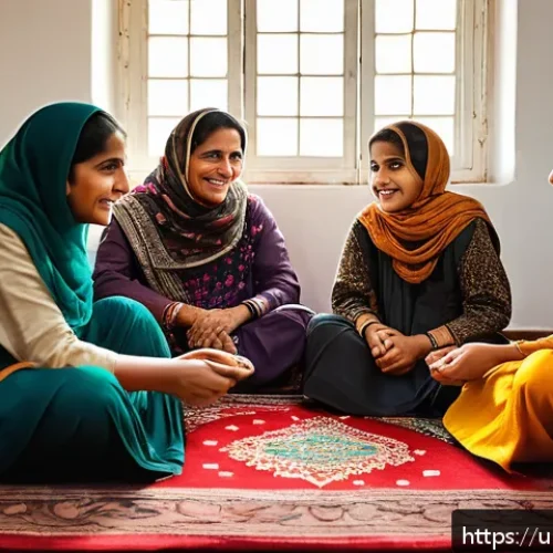 Home 32 부모와의 대화에서 상호 이해 증진하기 - A warm family scene in a traditional Pakistani home where parents attentively listen to their childr...