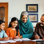 Home 19 부모의 재정적 신념 변화시키기 - A warm family scene showing three generations of a South Asian Urdu-speaking family—grandparents, pa...