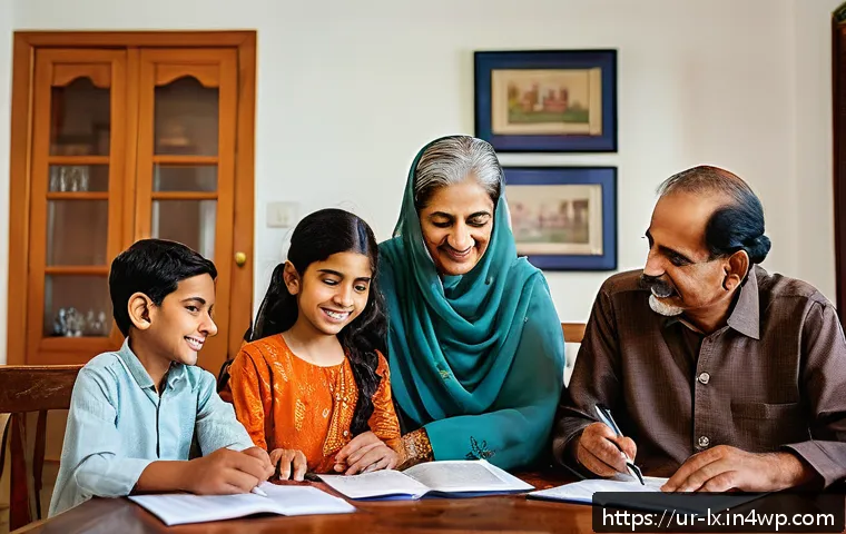 부모의 재정적 신념 변화시키기 - A warm family scene showing three generations of a South Asian Urdu-speaking family—grandparents, pa...