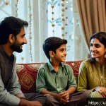 Home 18 부모와의 대화에서의 성공적인 접근법 - A warm, cozy Pakistani family living room scene showing a mother, father, and two children sitting t...