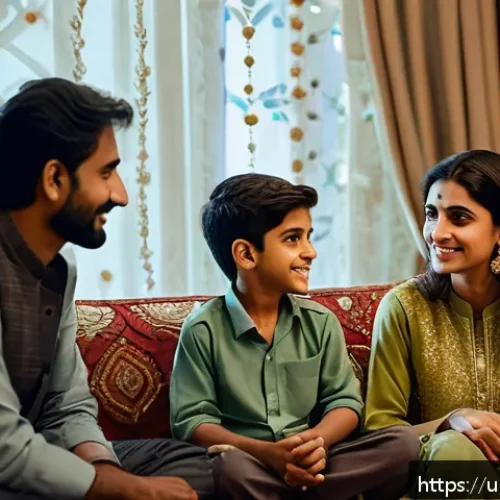 Home 30 부모와의 대화에서의 성공적인 접근법 - A warm, cozy Pakistani family living room scene showing a mother, father, and two children sitting t...