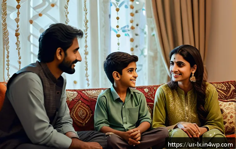 부모와의 대화에서의 성공적인 접근법 - A warm, cozy Pakistani family living room scene showing a mother, father, and two children sitting t...