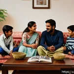 Home 23 부모와 대화하기 위한 준비 과정 - A warm, cozy family living room in a modern Pakistani home during the evening, soft ambient lighting...
