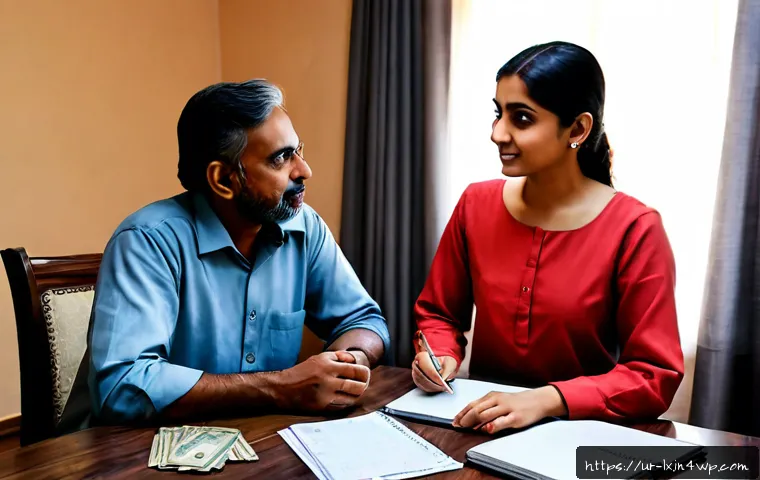 Home 17 부모와 자녀 간의 재정적 소통 개선하기 - Photorealistic Pakistani family home, a middle-aged father and his adult daughter sitting across a t...
